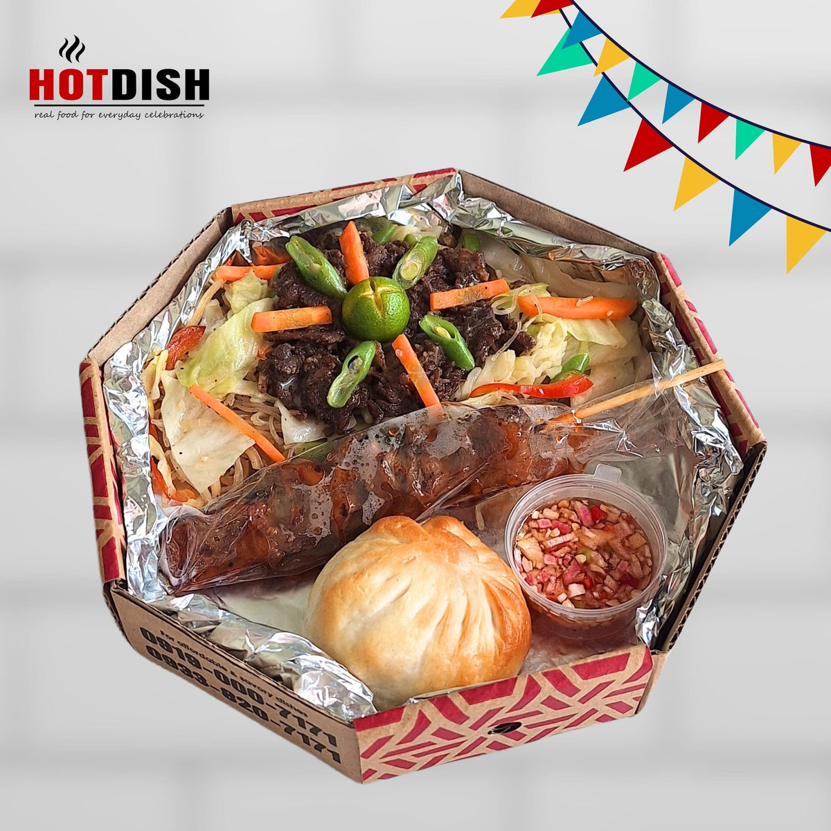 Packed Meal C in a HOTDISH tray box, ready for delivery