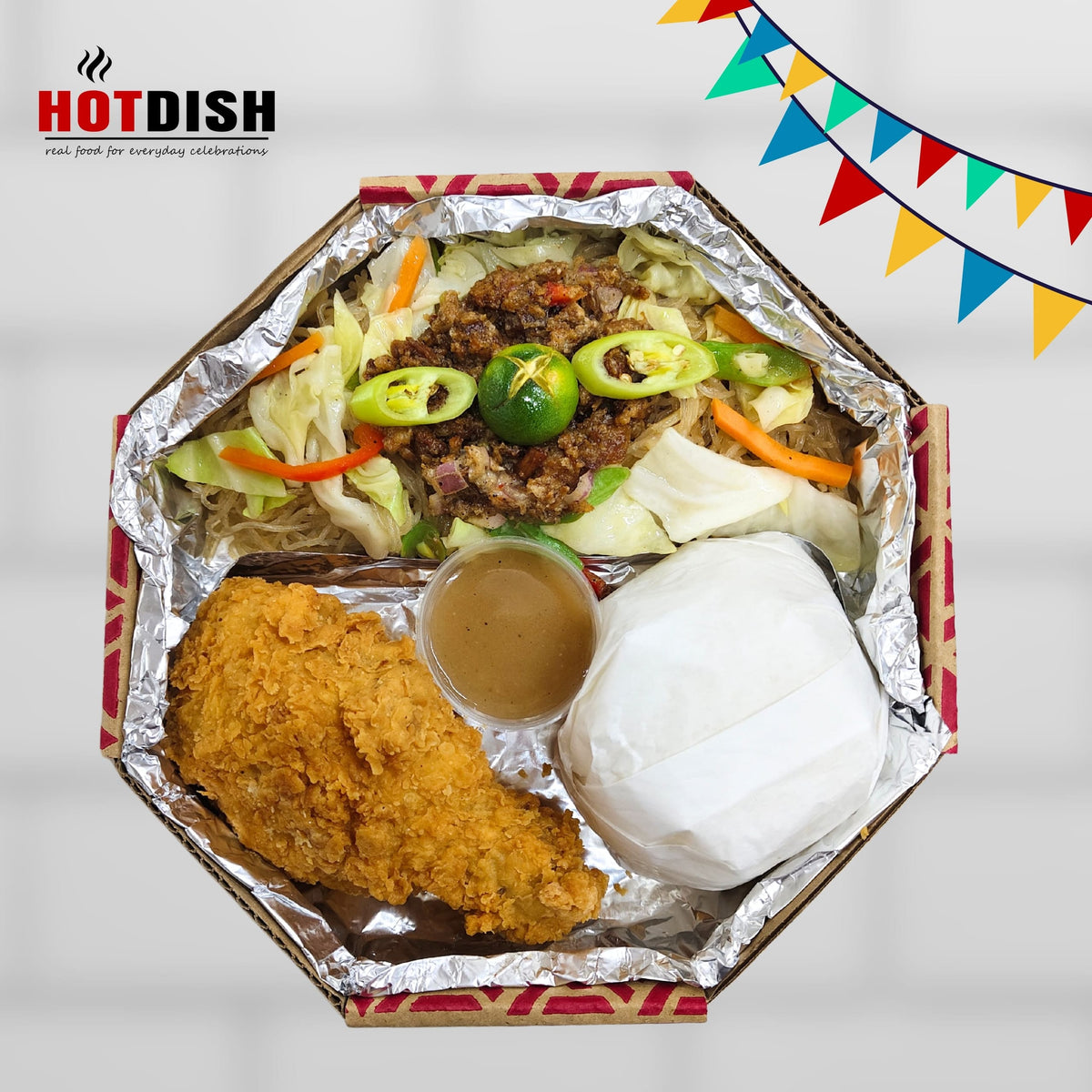 Packed Meal D: Pancit Sisig, Buttered Fried Chicken, Plain Rice