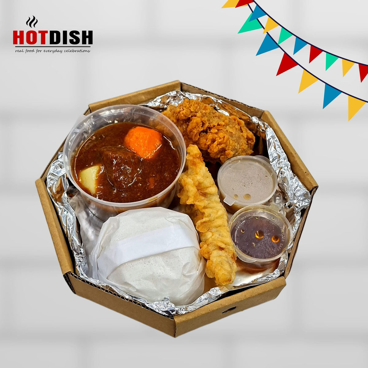 Packed Meal G in a HOTDISH tray box, ready for delivery