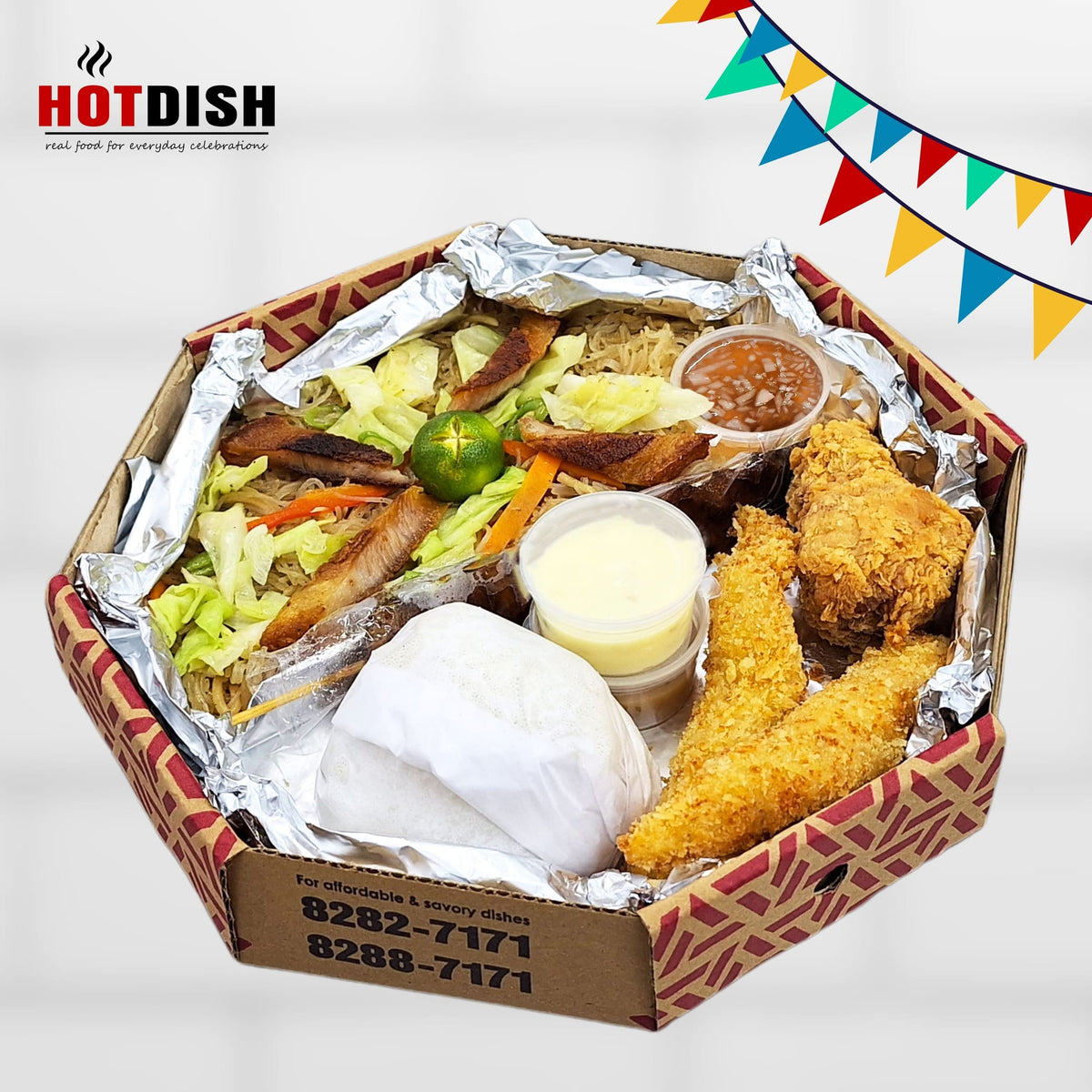 Packed Meal K in a HOTDISH tray box, ready for delivery