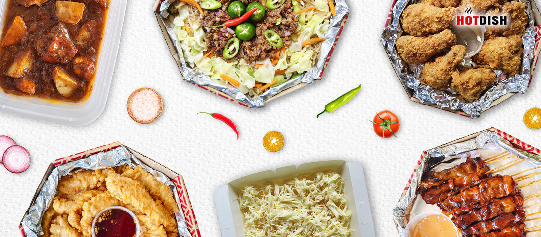 Hotdish food trays spread with beef caldereta, pancit sisig, buttered fried chicken, fish fillet tempura, pichi-pichi, and pork BBQ